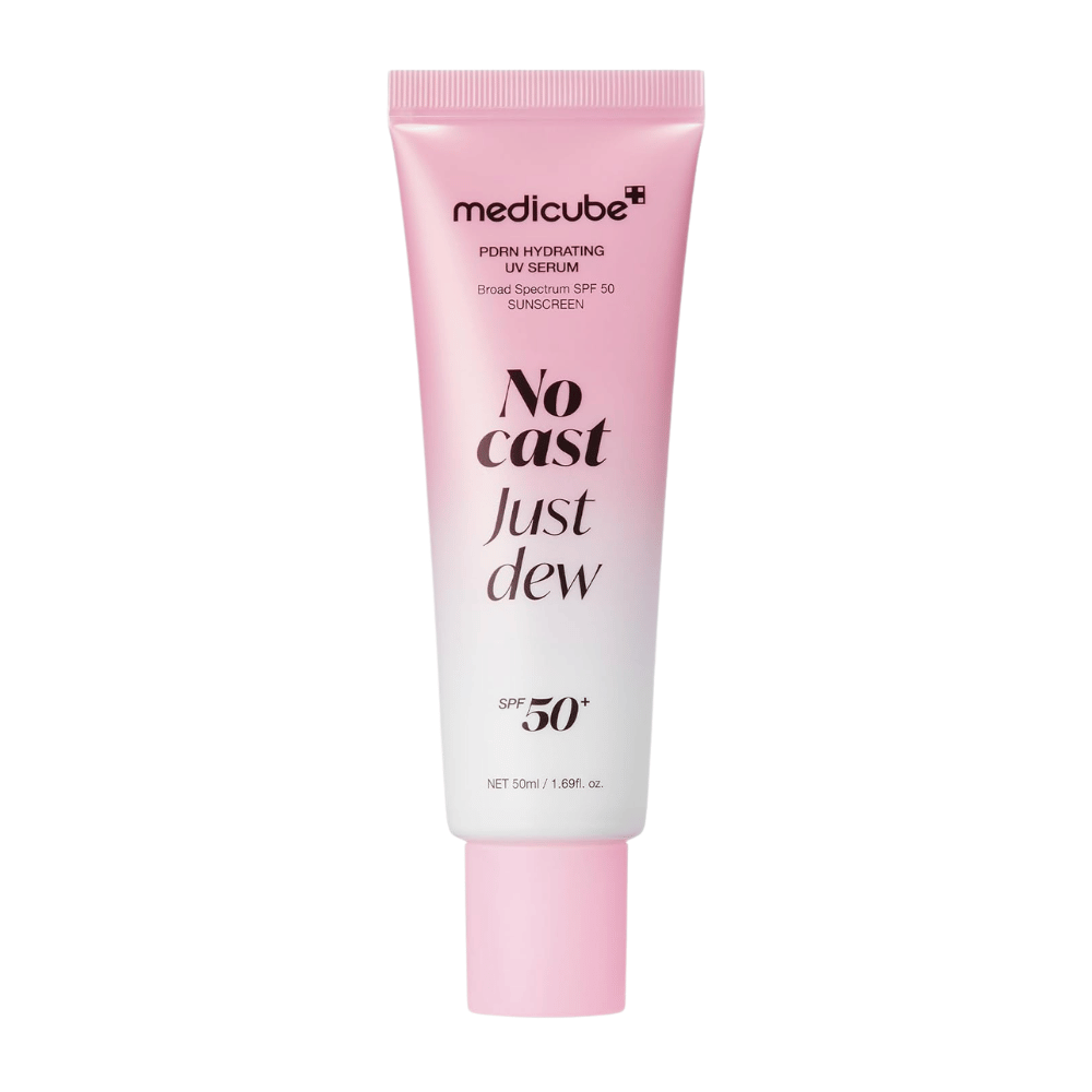6. Medicube PDRN Hydrating UV Serum SPF 50+ 50 ml – roze en witte tube met hydraterende zonnebescherming voor het gezicht