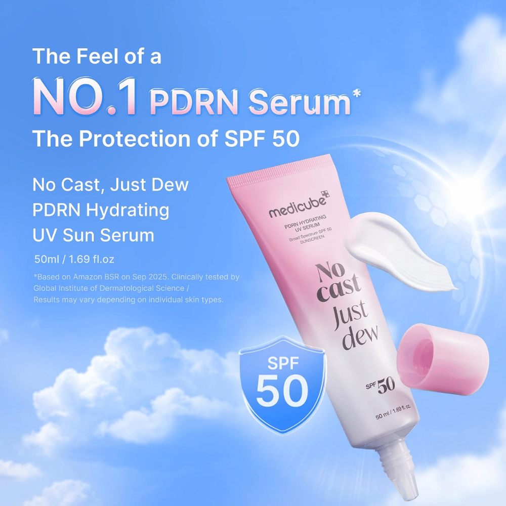 5. Medicube PDRN Hydrating UV Serum SPF 50+ 50 ml – licht hydraterend zonneserum met hoge UV-bescherming en een glowgevende finish