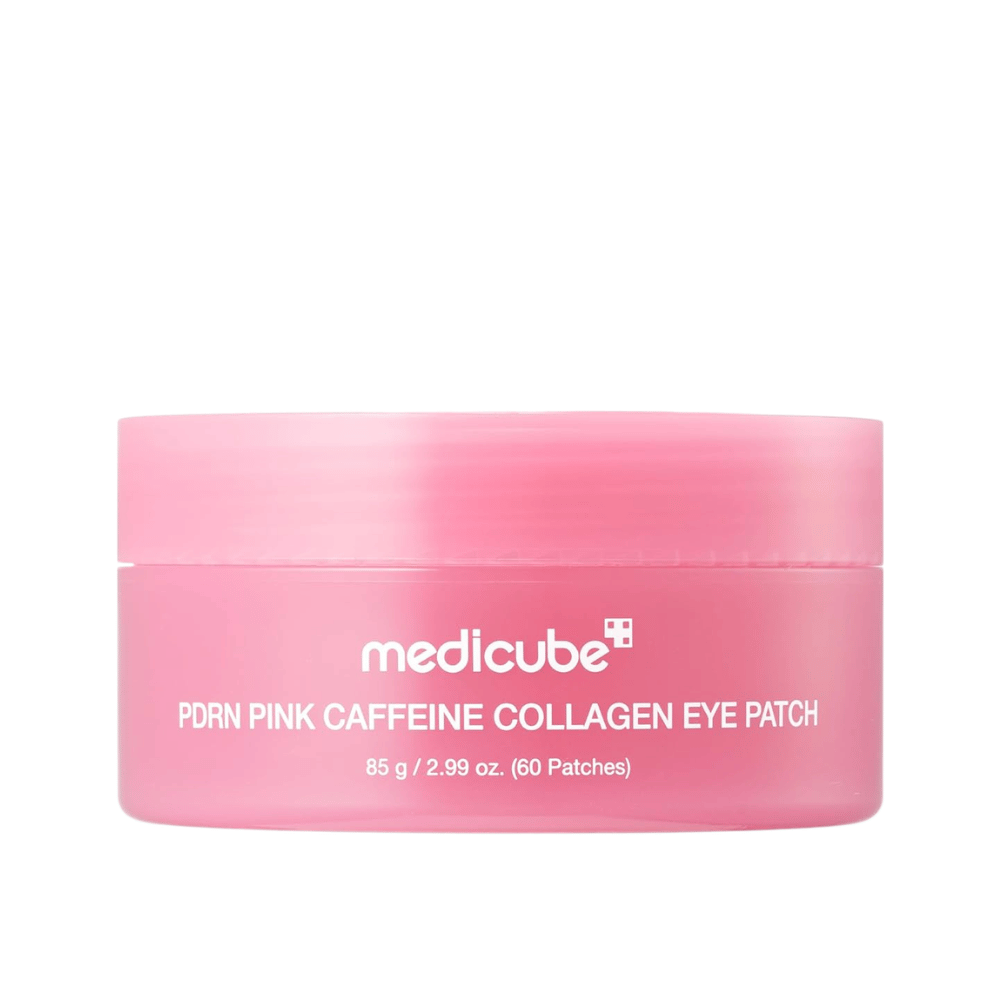 5. Medicube PDRN Pink Caffeine Collagen Eye Patch 60 stuks – roze pot met hydraterende hydrogel eye patches tegen een witte achtergrond