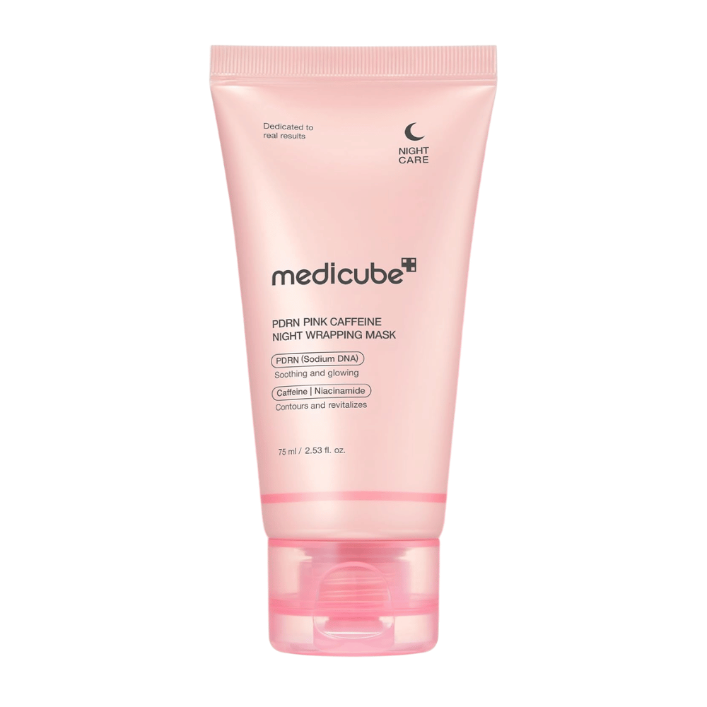 Medicube PDRN Pink Caffeine Night Wrapping Mask 75 ml – Koreaans nachtmasker met PDRN, cafeïne en niacinamide voor glans en hydratatie.
