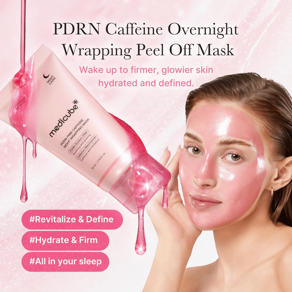 Medicube PDRN Pink Caffeine Night Wrapping Mask – roze peel-off nachtmasker met PDRN en cafeïne voor hydratatie, glans en een steviger gevoel.