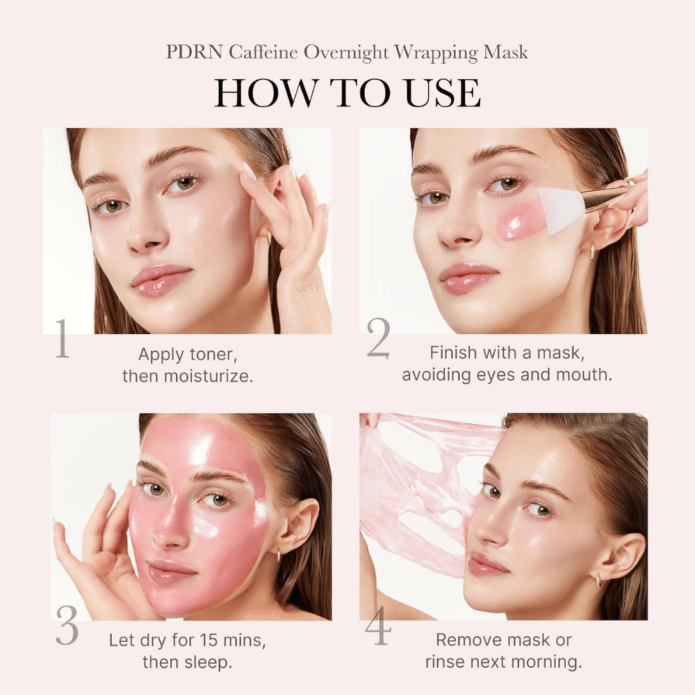 Zo gebruik je Medicube PDRN Pink Caffeine Night Wrapping Mask – breng 's avonds aan, laat drogen en verwijder het masker 's ochtends.