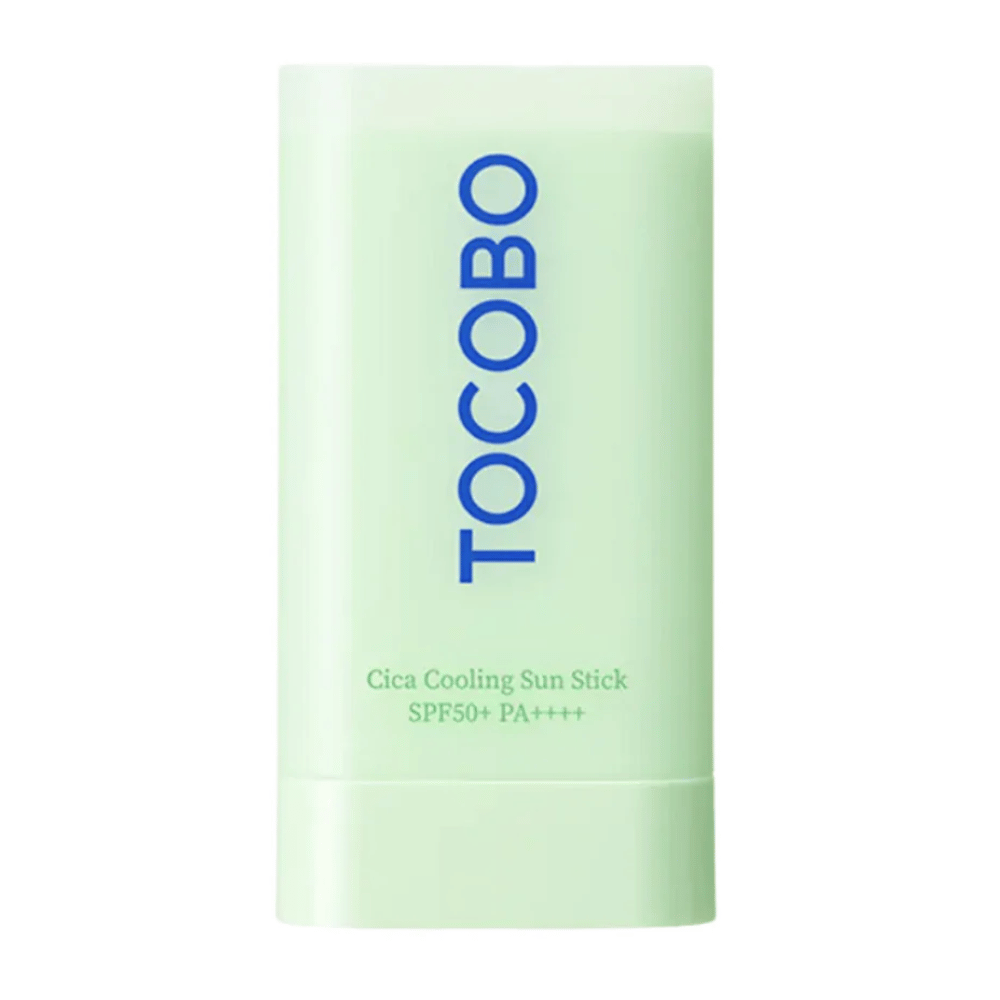 Tocobo Cica Cooling Sun Stick SPF50+ PA++++ in mintgroene verpakking met blauwe tekst, getoond tegen een witte achtergrond.