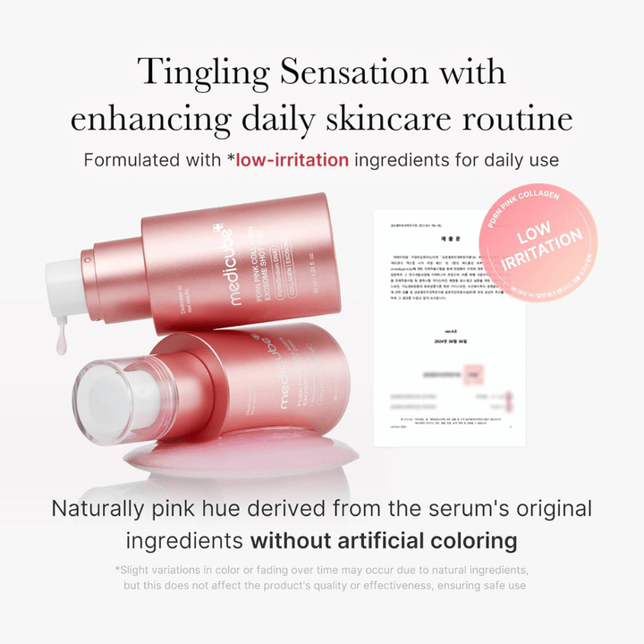 Medicube PDRN Pink Collagen Exosome Shot 2000 met informatie over lage irritatie. Het product heeft een natuurlijke roze kleur door de ingrediënten en is ontwikkeld voor dagelijks gebruik met een zacht gevoel op de huid.