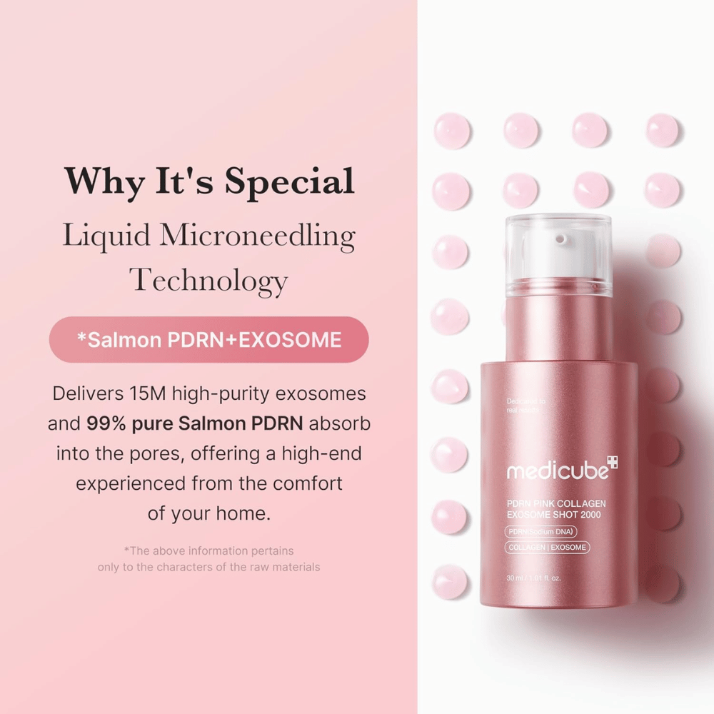 Medicube PDRN Pink Collagen Exosome Shot 2000 in een roze fles. De afbeelding benadrukt vloeibare microneedling-technologie met exosomen en PDRN van zalm om de uitstraling, elasticiteit en opname van de huid te ondersteunen.
