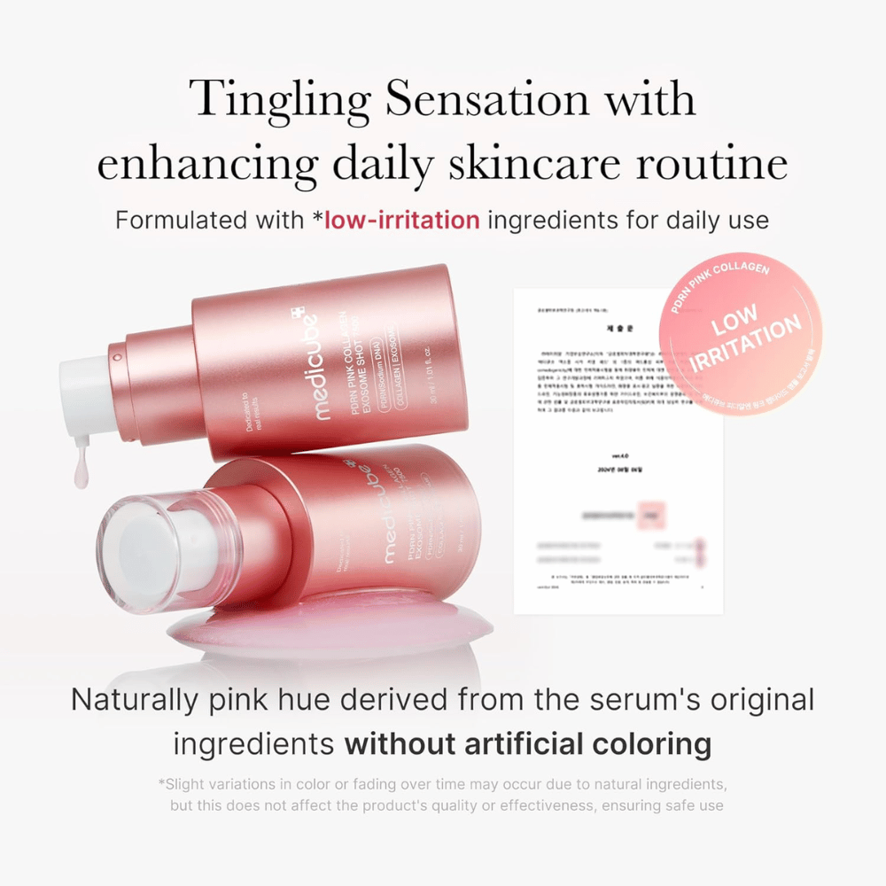 Medicube PDRN Pink Collagen Exosome Shot 7500 gepresenteerd met focus op lage irritatie. Het serum heeft een natuurlijk roze tint door de ingrediënten en is ontwikkeld om een prikkelend gevoel te geven dat de huidverzorgingsroutine ondersteunt.