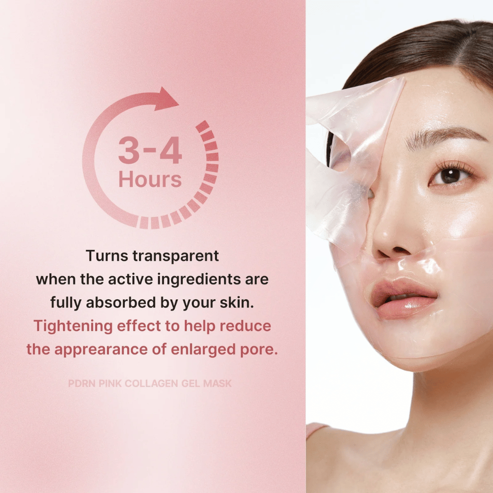 Medicube PDRN Pink Collagen Gel Mask met instructie om het masker 3-4 uur te dragen totdat het transparant wordt. Het masker absorbeert actieve ingrediënten en verstevigt de huid om zichtbare poriën te verminderen.