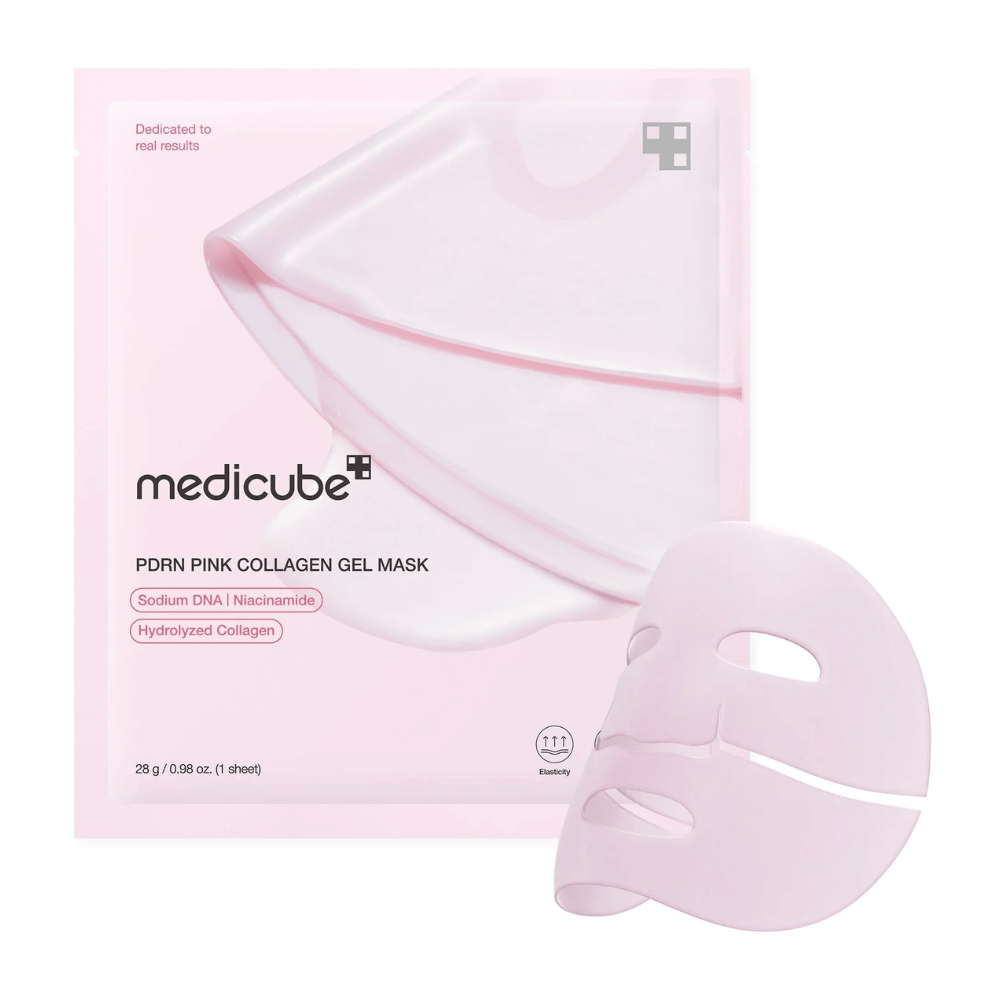 Een lichtroze verpakking van medicube PDRN Pink Collagen Gel Mask met een doorzichtige gelmasker ernaast. Bevat ingrediënten zoals Sodium DNA, Niacinamide en Hydrolyzed Collagen voor elasticiteit en hydratatie.