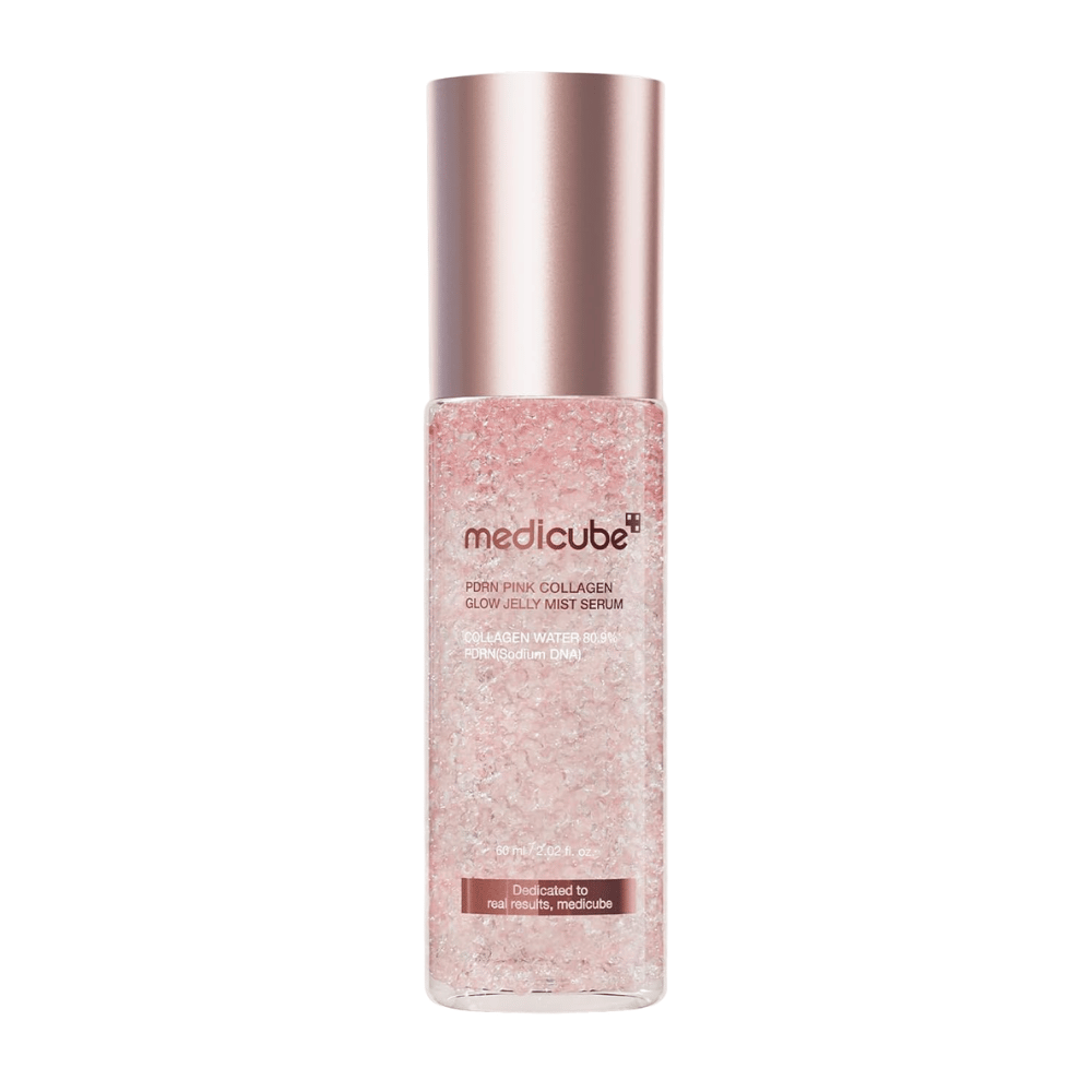 6. Medicube PDRN Pink Collagen Glow Jelly Mist Serum 60 ml – roze hydraterende gezichtsmist met collageen en PDRN op witte achtergrond