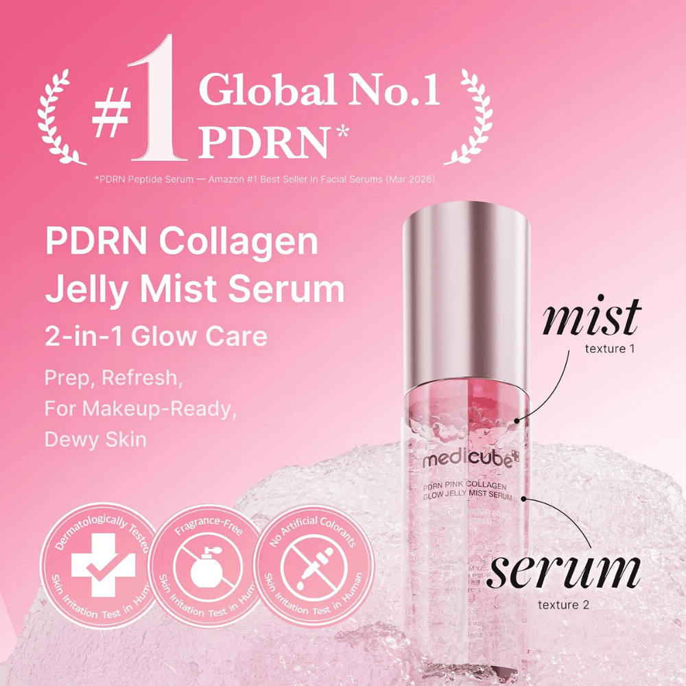 5. Medicube PDRN Pink Collagen Glow Jelly Mist Serum 60 ml – twee-in-één gezichtsmist en serum voor gehydrateerde huid met glow
