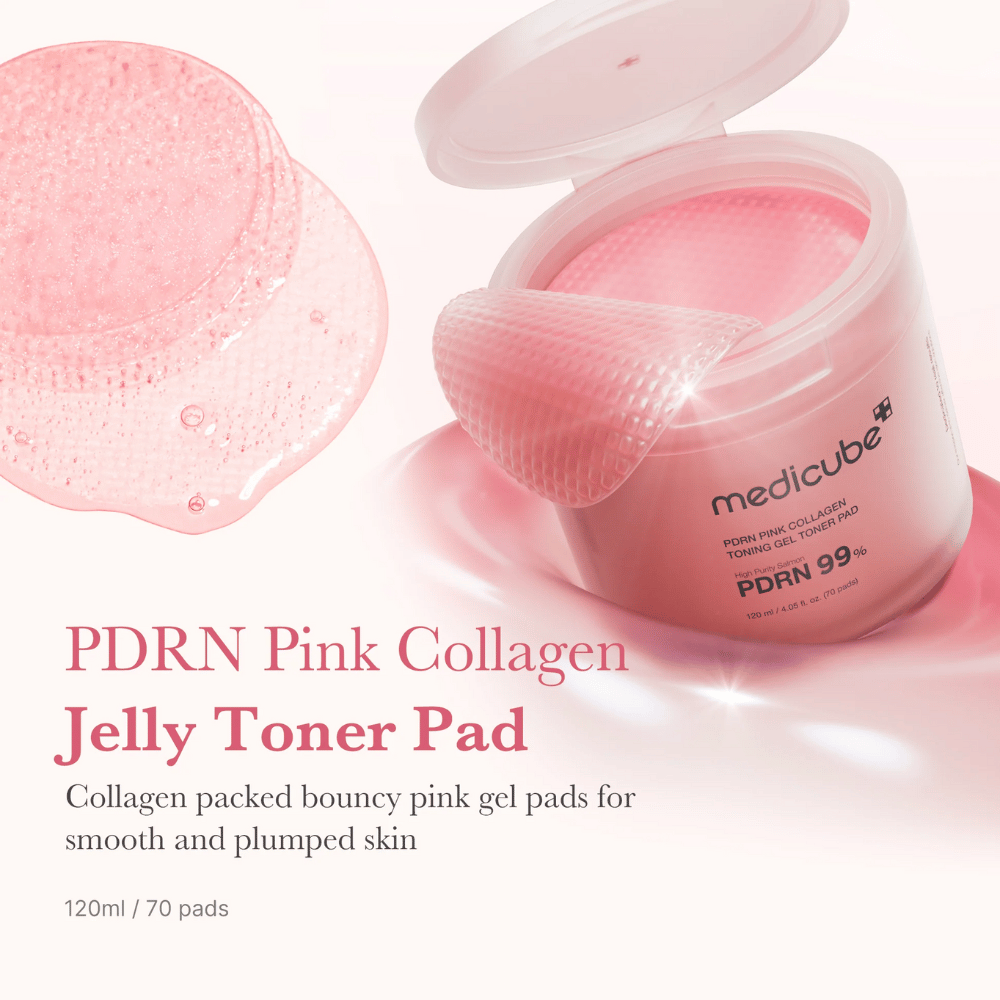 Open pot met Medicube PDRN Pink Collagen Jelly Toner Pads, met een verhoogde roze gelpad en tekst die het collageengehalte beschrijft voor een gladde en gehydrateerde huid.