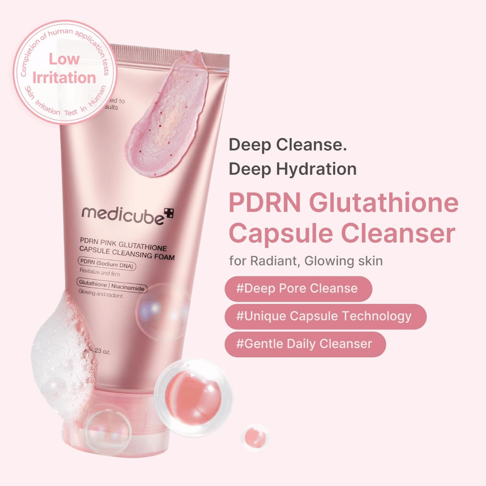 Medicube PDRN Pink Glutathione Capsule Cleansing Foam met lage irritatie voor dagelijkse reiniging en een helderdere huid met een natuurlijke glow
