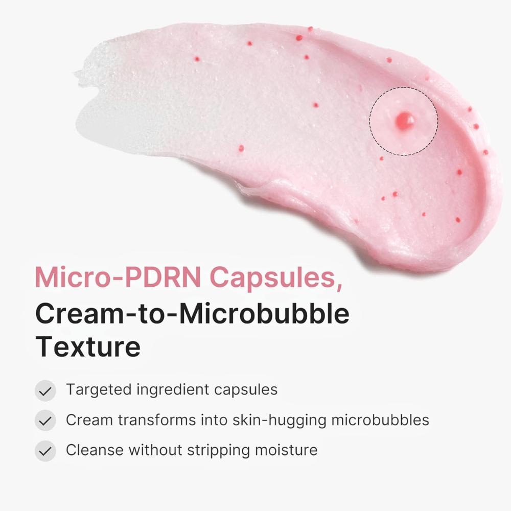 Romige reiniging met PDRN-capsules die veranderen in microbelletjes en de huid zacht reinigen zonder uit te drogen