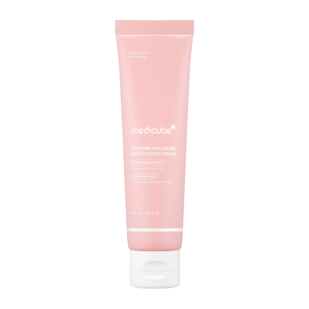 Medicube PDRN Pink Hyaluronic Moisturizing Cream in roze tube met witte dop, een hydraterende crème verrijkt met hyaluronzuur en zalm-DNA PDRN.