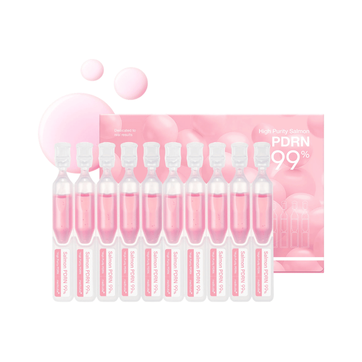 Medicube PDRN Pink One Day Serum Set met tien individuele ampullen en productverpakking. De set bevat serum met 99% sterk gezuiverd zalm-PDRN voor hydratatie, glow en dagelijkse huidverzorging.