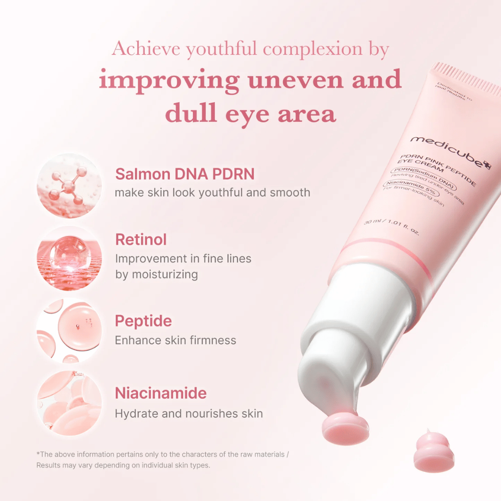 Medicube PDRN Pink Peptide Eye Cream met geopende pomp en roze crème. Bevat PDRN van zalm, retinol, peptiden en niacinamide om te egaliseren, hydrateren en