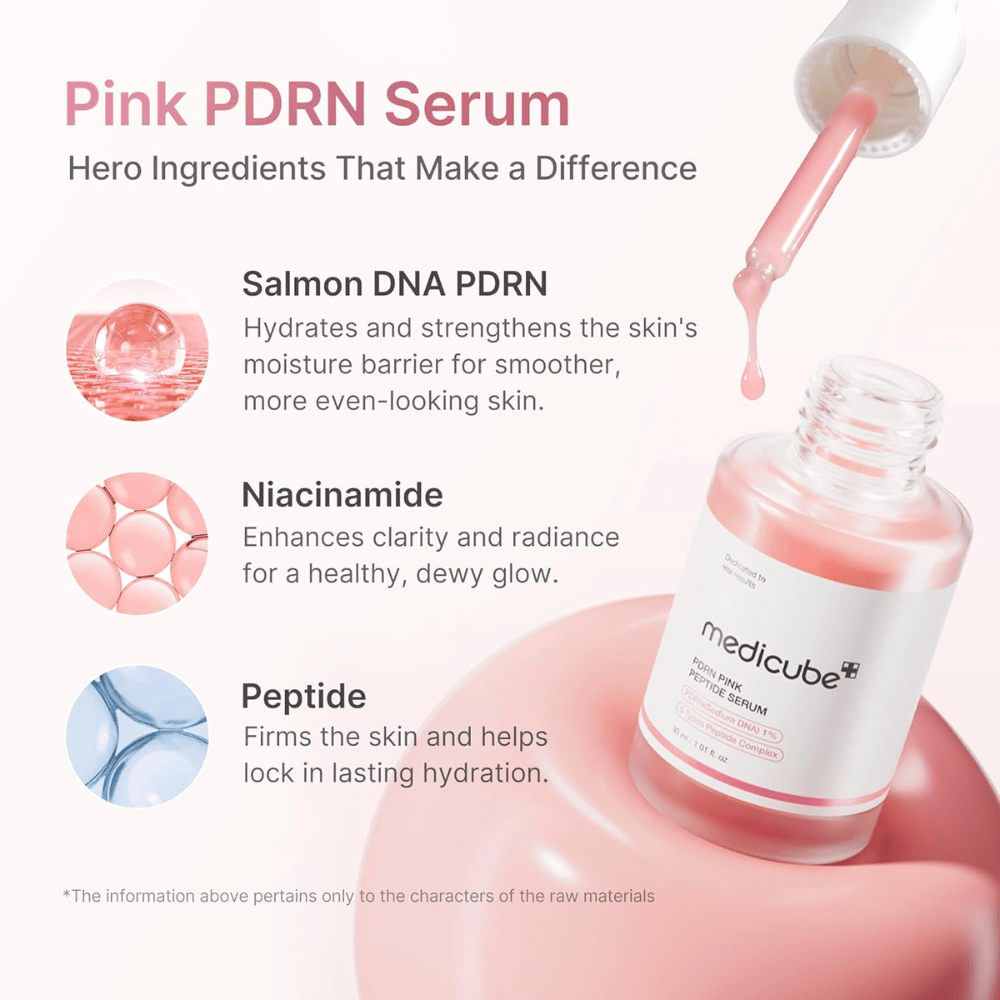 Medicube PDRN Pink Peptide Serum met PDRN, niacinamide en peptiden. Open serumflesje met pipet en roze serumdruppels.