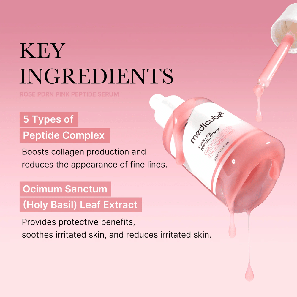 Medicube Rose PDRN Pink Peptide Serum – Voedend serum voor stevigere en kalmere huid.

💖 5 soorten peptidecomplexen – Stimuleert de collageenproductie en vermindert fijne lijntjes.
🌿 Ocimum Sanctum (Heilige Basilicum) extract – Beschermt, kalmeert en vermindert irritatie.

Perfect voor een egalere, gehydrateerde en stralende huid!
