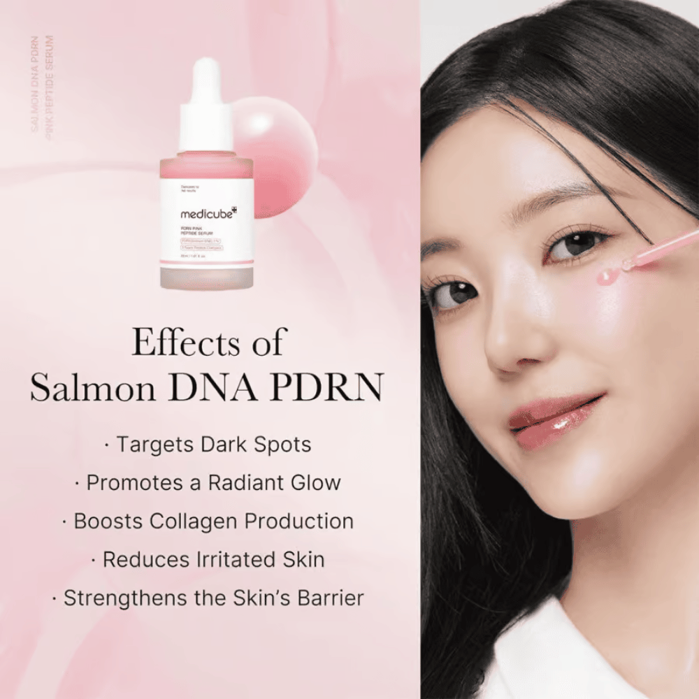 Medicube PDRN Pink Peptide Serum met zalm-DNA PDRN. Model brengt roze serum met een pipet aan op de wang.
