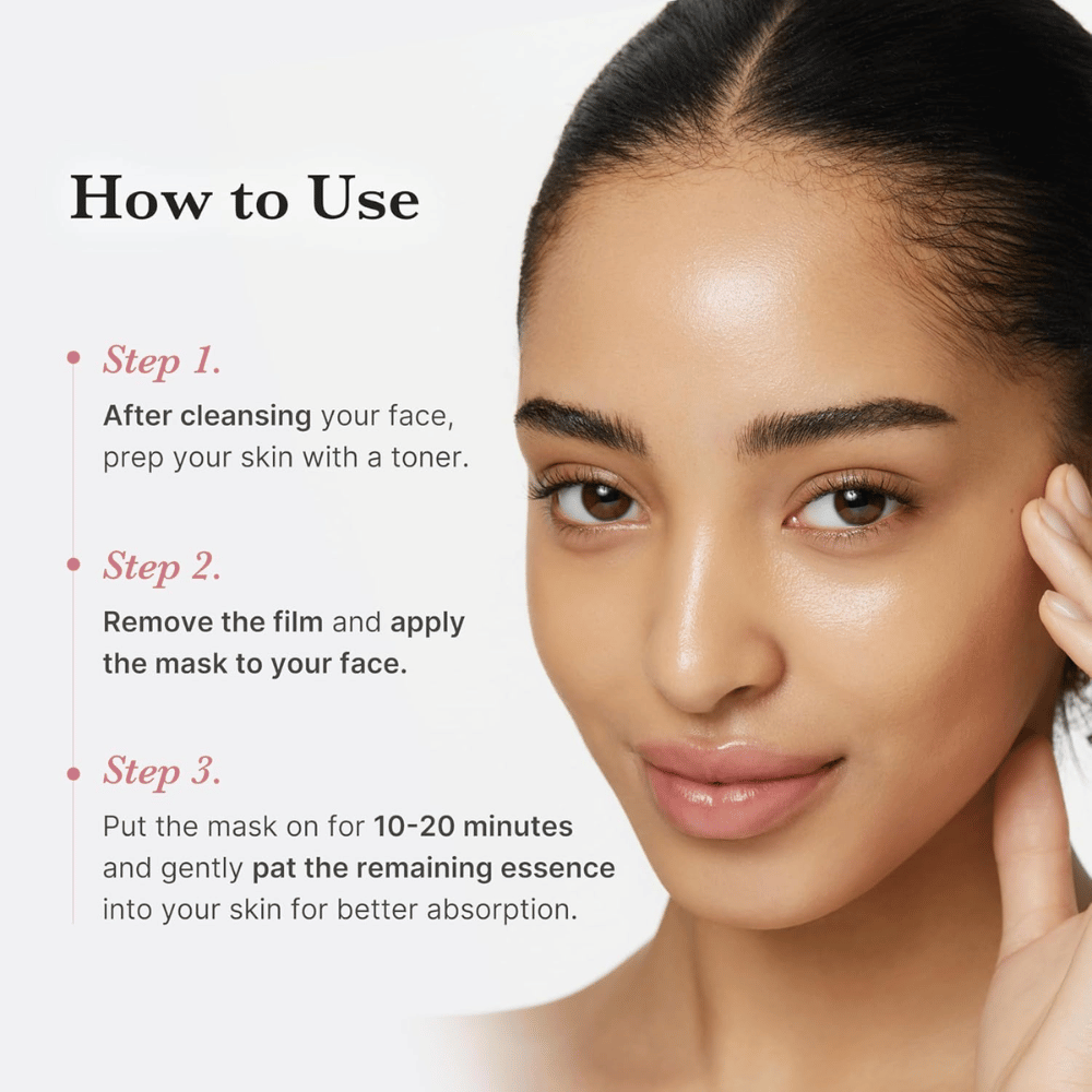 Instructieafbeelding met model – stap voor stap hoe het sheetmasker wordt gebruikt (reinigen, aanbrengen, 10–20 min laten inwerken).