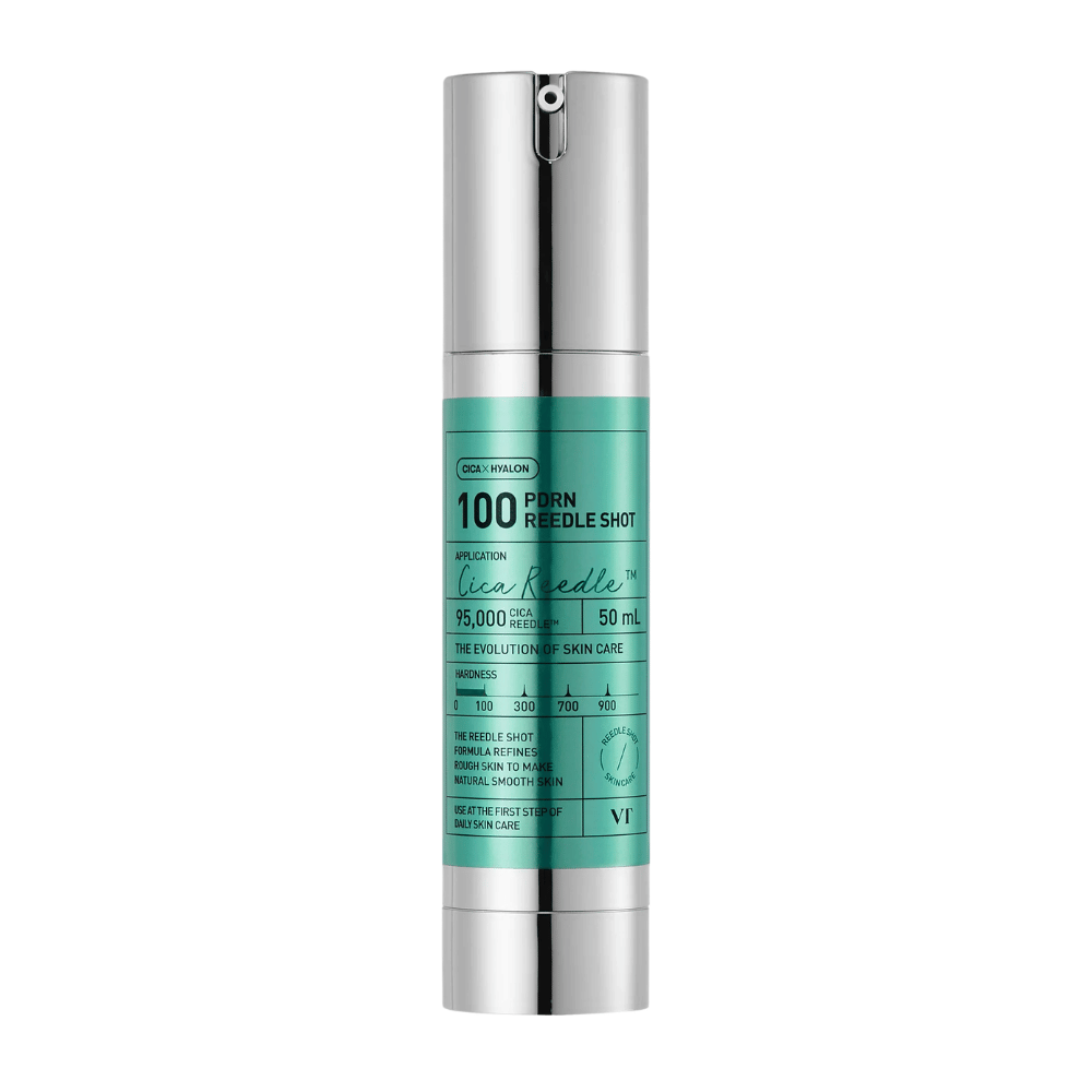 VT Cosmetics PDRN Reedle Shot 100 fles met minimalistisch design en actieve formule om de huidtextuur, glans en elasticiteit te verbeteren