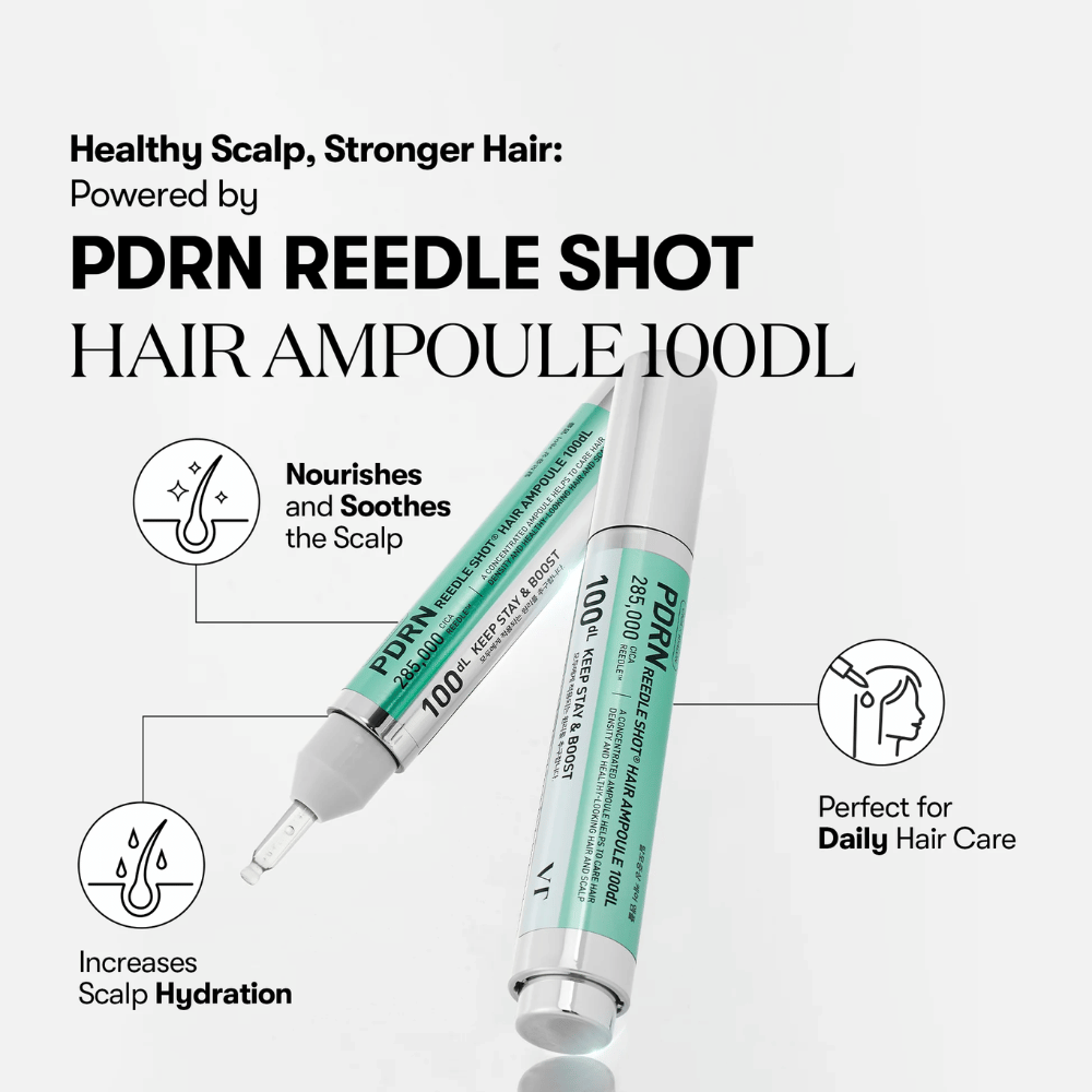 Productpresentatie van PDRN Reedle Shot Hair Ampoule 100dL met focus op voordelen zoals kalmerend effect, verhoogde hydratatie van de hoofdhuid en dagelijkse haarverzorging.