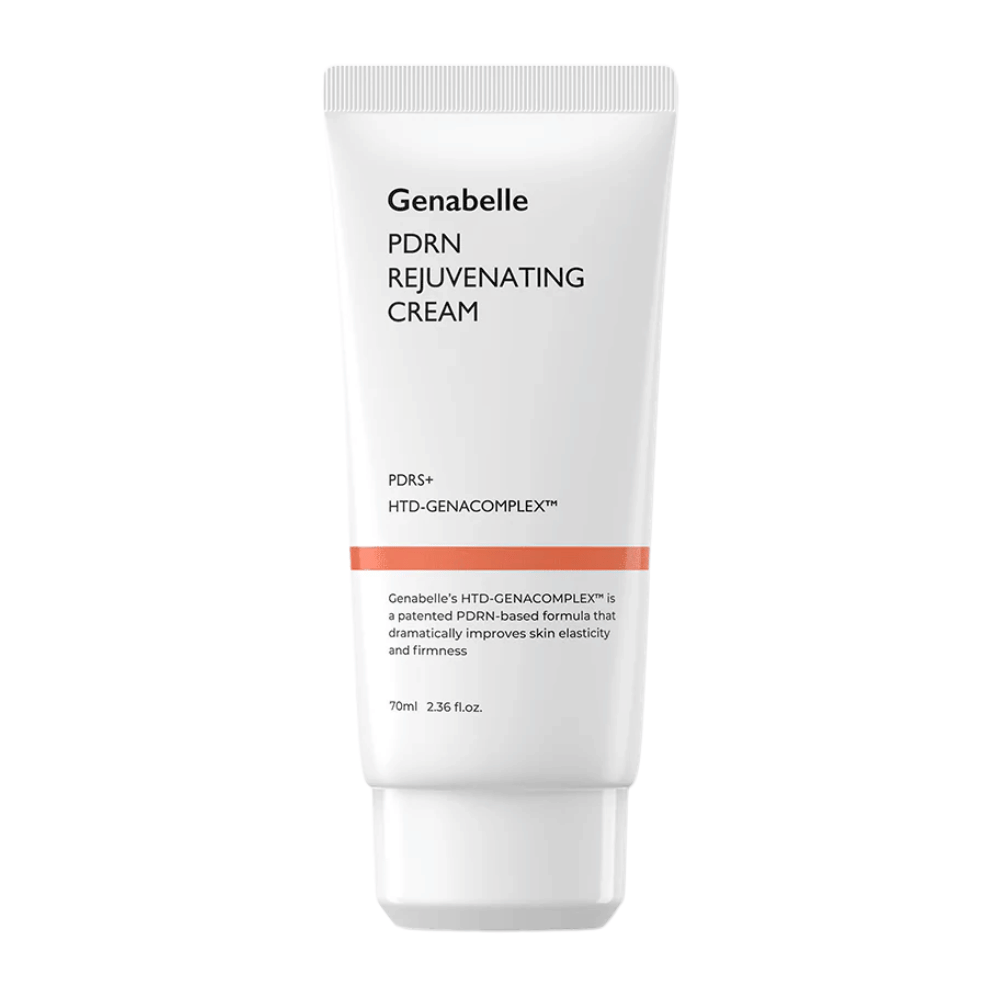 Productafbeelding van Genabelle PDRN Rejuvenating Cream in een witte tube tegen een witte achtergrond. Hydraterende gezichtscrème met PDRN en HTD-GENACOMPLEX™ die helpt de elasticiteit en stevigheid van de huid te verbeteren.