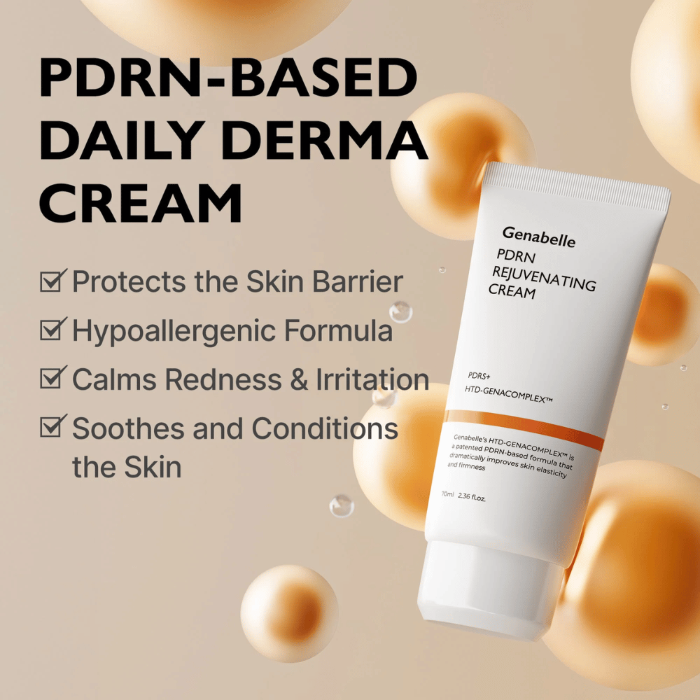 Genabelle PDRN Rejuvenating Cream omringd door gouden sferen die PDRN-technologie symboliseren. De afbeelding benadrukt huidbarrièreversterkende eigenschappen, een kalmerend effect en een hypoallergene formule voor dagelijks gebruik.