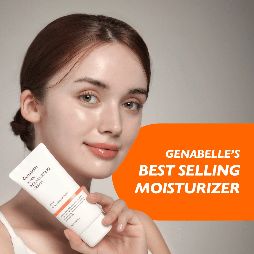 Persoon houdt Genabelle PDRN Rejuvenating Cream omhoog voor de camera. De afbeelding benadrukt het product als een bestverkopende gezichtscrème met focus op hydratatie, huidvernieuwing en een gezonde, stralende huid.