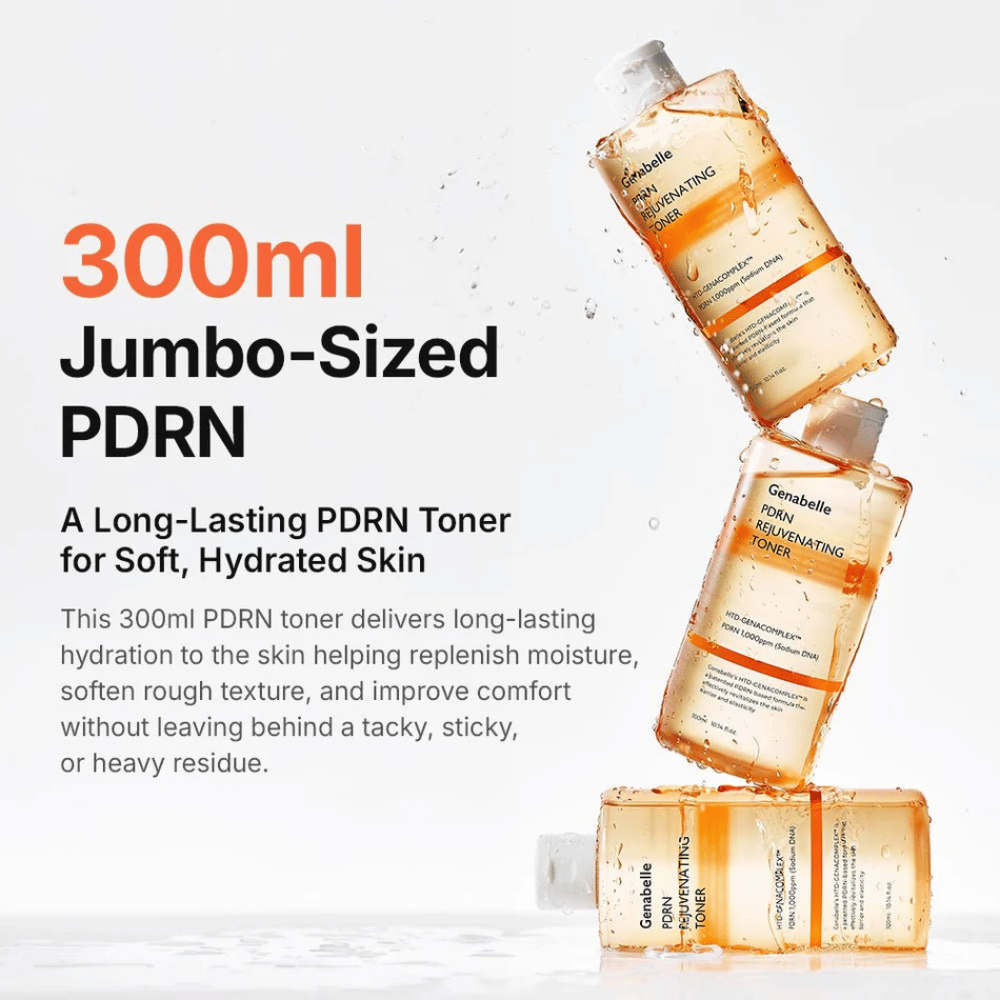 Genabelle PDRN Rejuvenating Toner 300 ml met PDRN die langdurige hydratatie, zachtere huid en een fris huidgevoel zonder plakkerigheid geeft.