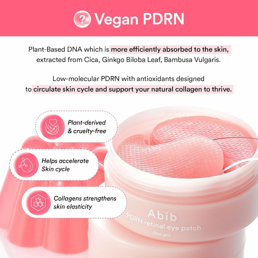 Abib PDRN Retinal Eye Patch Glow Jelly met veganistische PDRN van plantextracten die de elasticiteit van de huid versterken, collageen boosten en de huidstructuur verbeteren.