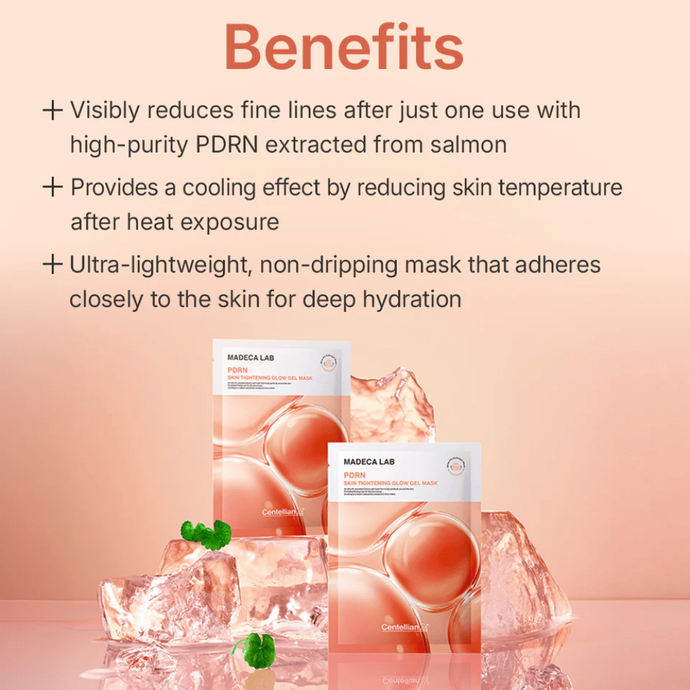 MADECA LAB PDRN Skin Tightening Glow Gel Mask – verstevigende gelmasker met PDRN van zalm die een verkoelend effect geeft, intense hydratatie en zichtbaar gladdere huid.