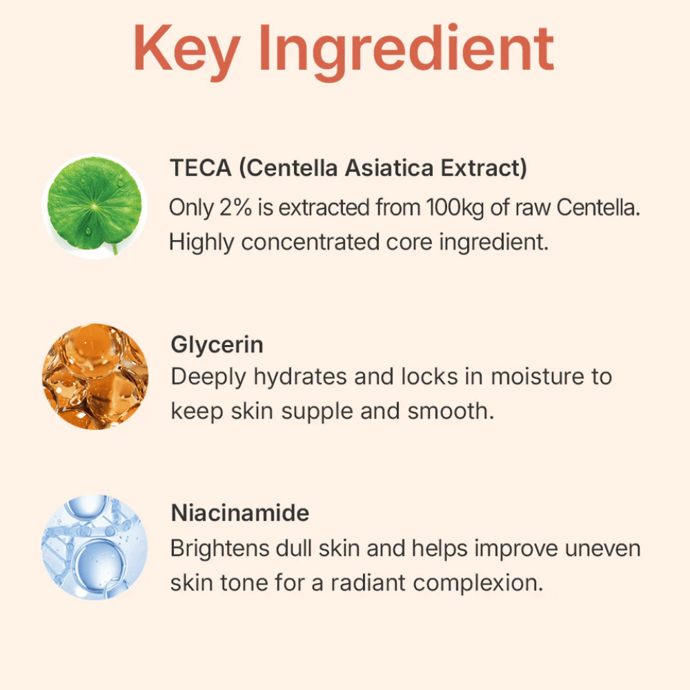 MADECA LAB PDRN Glow Gel Mask sleutel ingrediënten – TECA van Centella Asiatica, glycerine en niacinamide die de huid kalmeren, diep hydrateren en de huidtint verbeteren.