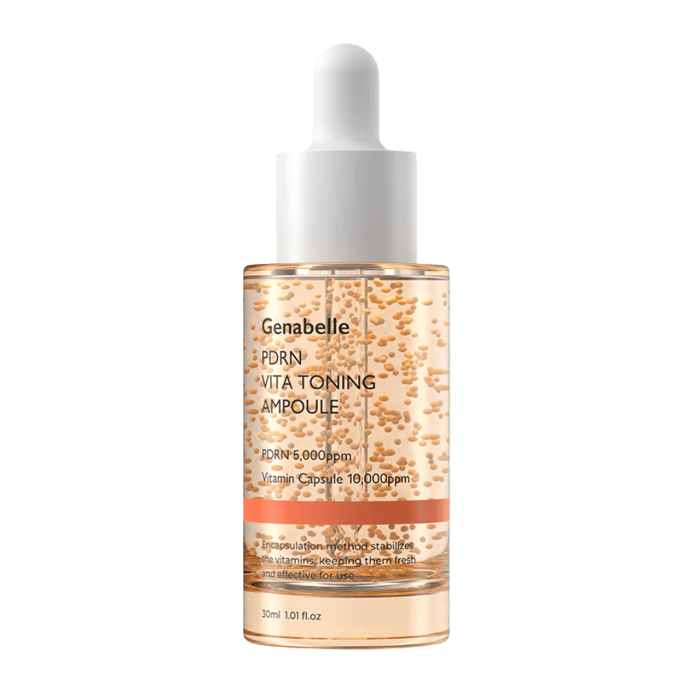 Vrijstaande productafbeelding van Genabelle PDRN Vita Toning Ampoule in een transparante glazen fles met witte pipetdoppen en zichtbare vitaminecapsules in de serumformule.