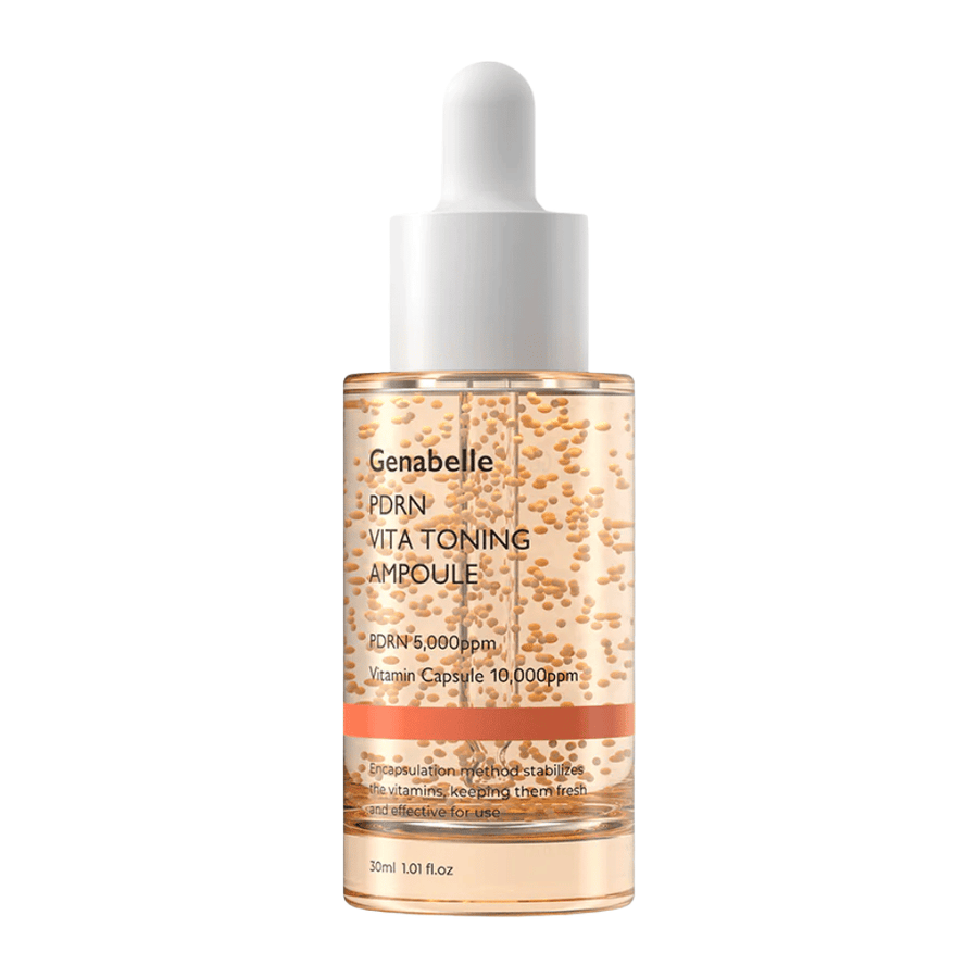 Vrijstaande productafbeelding van Genabelle PDRN Vita Toning Ampoule in een transparante glazen fles met witte pipetdoppen en zichtbare vitaminecapsules in de serumformule.
