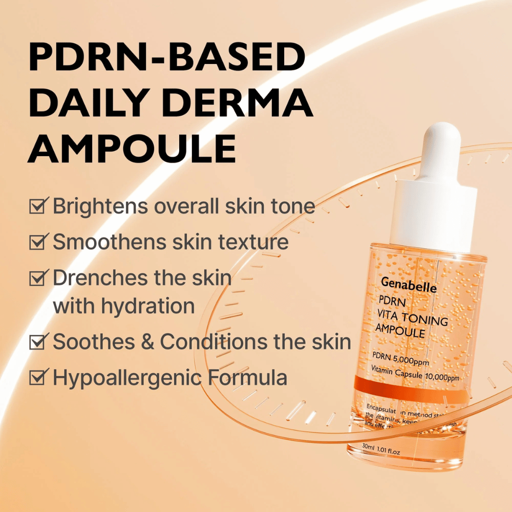 Productafbeelding van Genabelle PDRN Vita Toning Ampoule met tekst over hydratatie, een egalere huidteint en kalmerende eigenschappen voor de gevoelige huid met een hypoallergene formule.