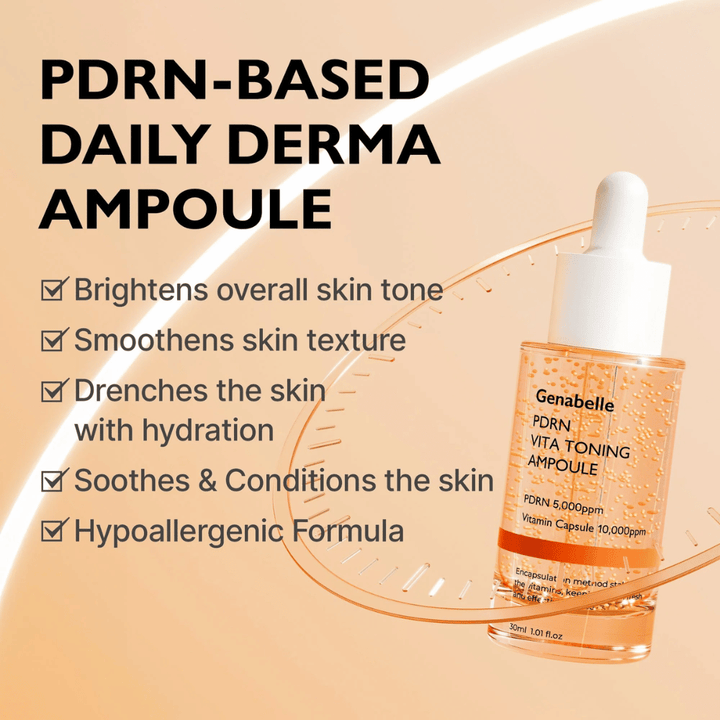 Productafbeelding van Genabelle PDRN Vita Toning Ampoule met tekst over hydratatie, een egalere huidteint en kalmerende eigenschappen voor de gevoelige huid met een hypoallergene formule.