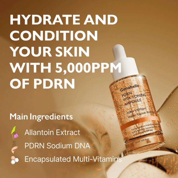 Campagnebeeld voor Genabelle PDRN Vita Toning Ampoule met focus op hydratatie en PDRN 5000 ppm, evenals ingrediënten zoals vitaminecapsules en Sodium DNA voor glow en huidverzorging.