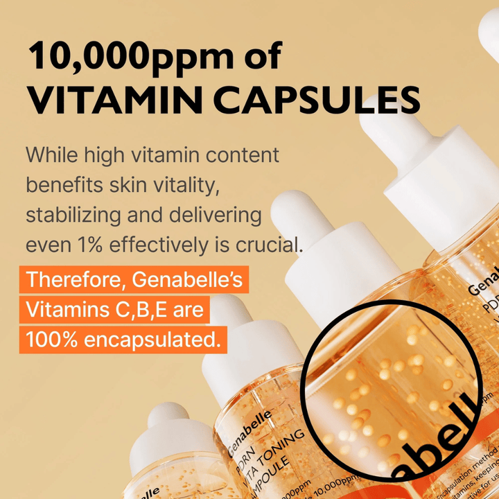 Genabelle PDRN Vita Toning Ampoule met ingekapselde vitaminen in het serum die een glowgevende formule met vitamine C, B en E voor glow en huidvitaliteit benadrukken.