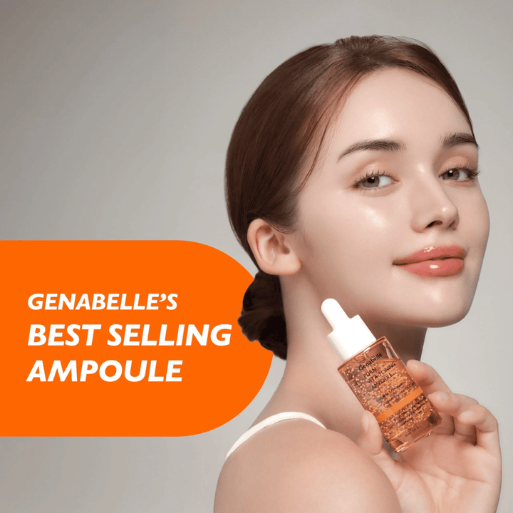 Model houdt Genabelle PDRN Vita Toning Ampoule naast het gezicht met focus op glow, uitstraling en gehydrateerde huid van een Koreaans serum met vitaminecapsules en PDRN.