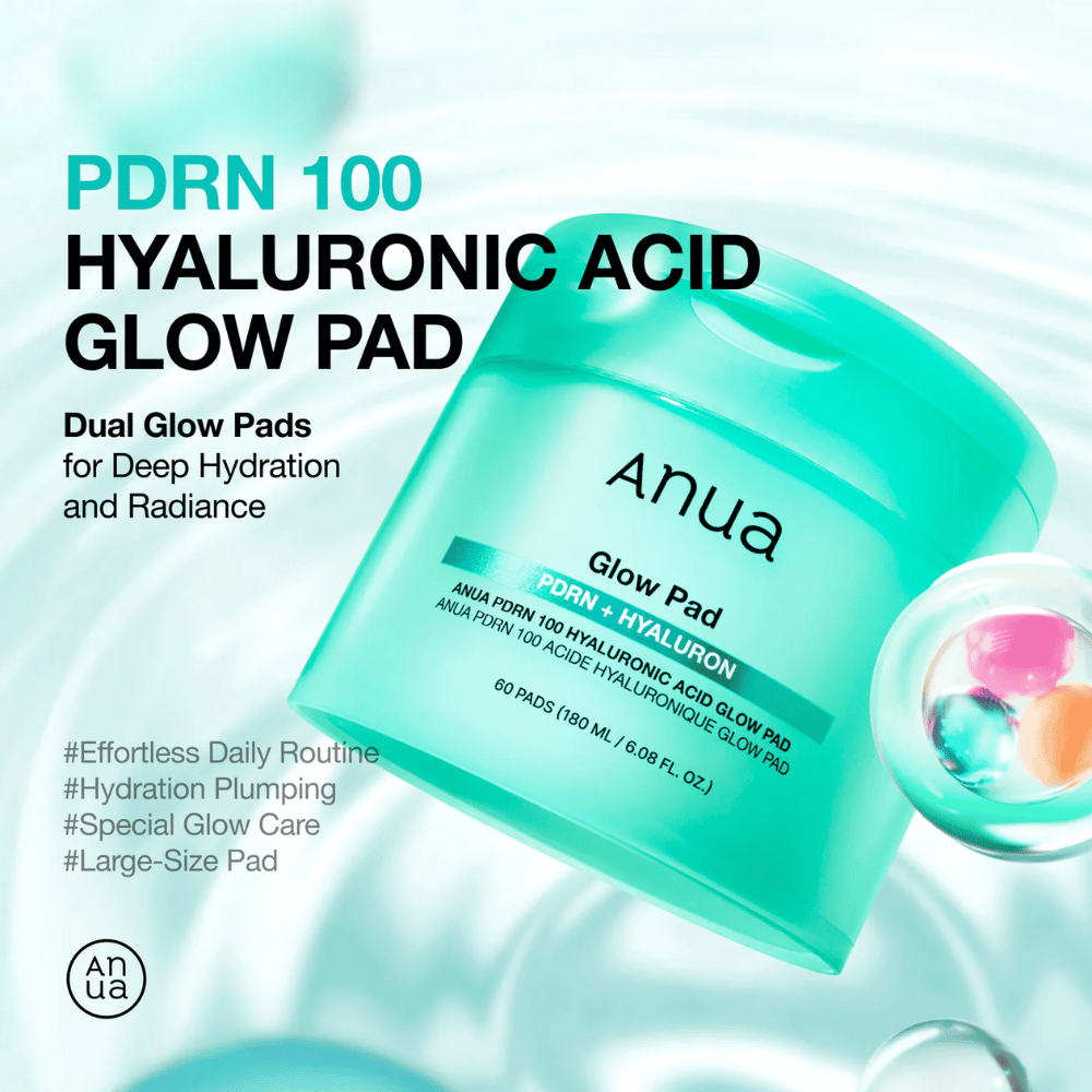 Anua PDRN 100 Hyaluronic Acid Glow Pad in turquoise pot met tekst die vocht, glow en grote padgrootte benadrukt – ontworpen voor dagelijkse hydratatie en glans.