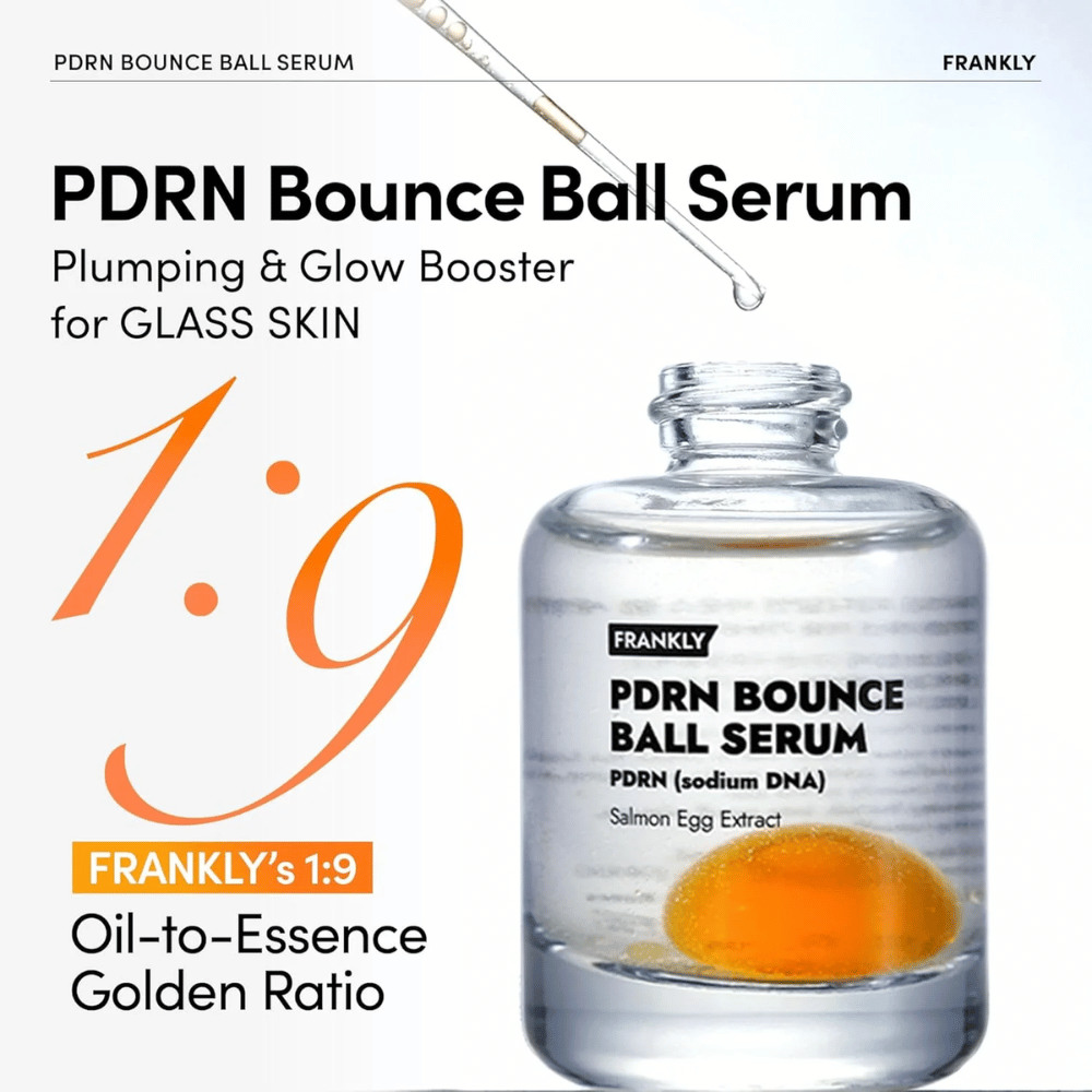 FRANKLY PDRN Bounce Ball Serum – återfuktande och uppstramande serum med unik 1:9 olja-till-essens ratio för glass skin-effekt.