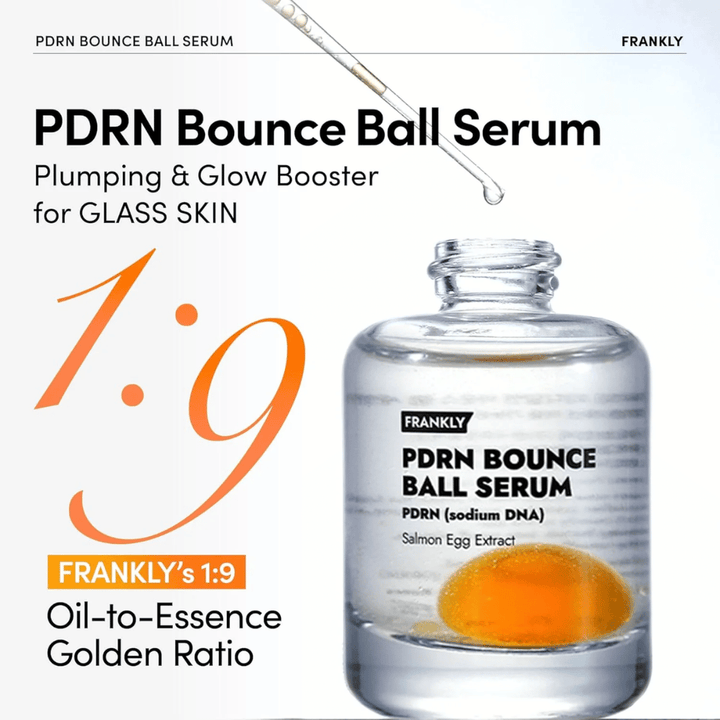 FRANKLY PDRN Bounce Ball Serum – återfuktande och uppstramande serum med unik 1:9 olja-till-essens ratio för glass skin-effekt.
