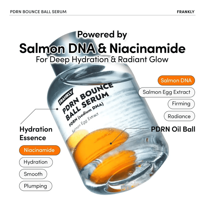 FRANKLY PDRN Bounce Ball Serum med lax-DNA och niacinamid – fördjupad återfuktning, spänst och strålande lyster.