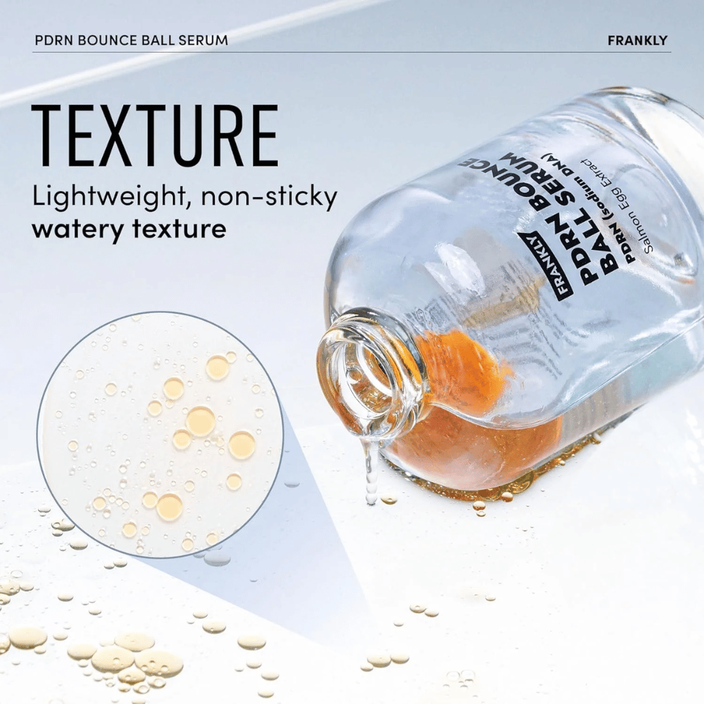 FRANKLY PDRN Bounce Ball Serum – lichte, niet-plakkerige formule met waterige textuur die hydrateert en de huid een frisse gloed geeft.