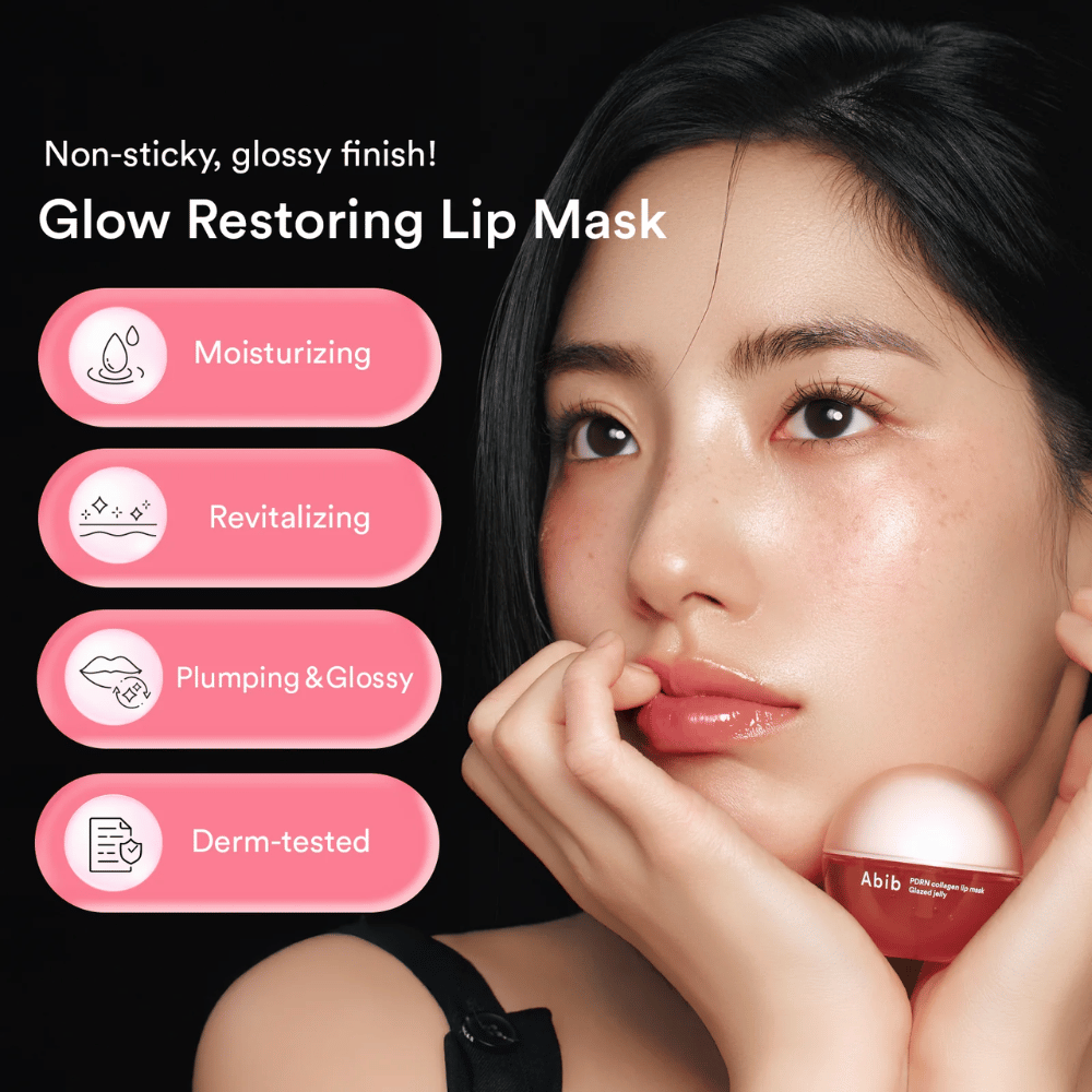 Vrouw met glanzende lippen houdt een roze pot Abib PDRN Collagen Lip Mask vast. Tekst aan de linkerkant somt op Voordelen: hydraterend, revitaliserend, volumeverhogend & glanzend en dermatologisch getest.