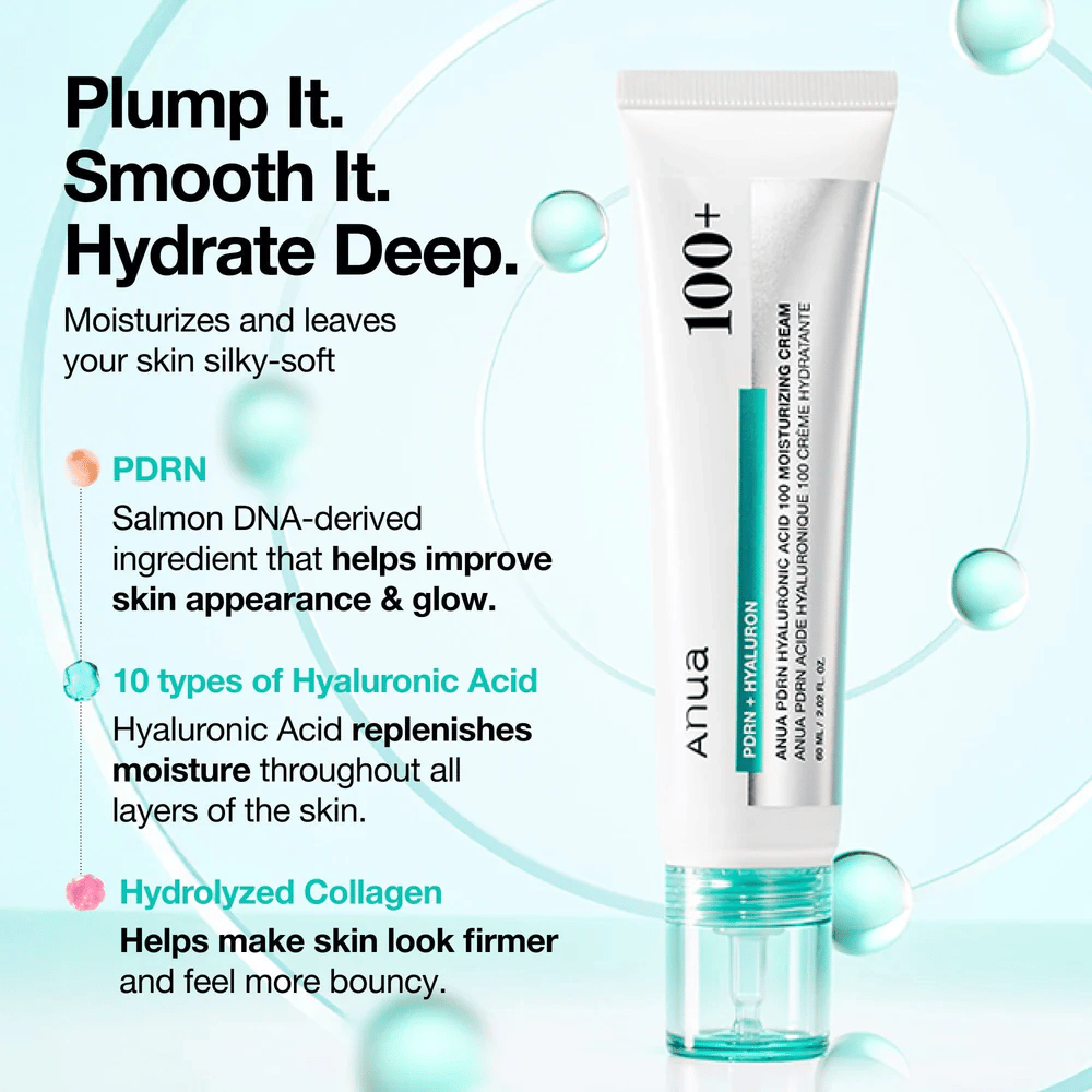 Anua PDRN Hyaluronic Acid 100 Moisturizing Cream met hyaluronzuur, PDRN en collageen – hydrateert, egaliseert en versterkt de huid.