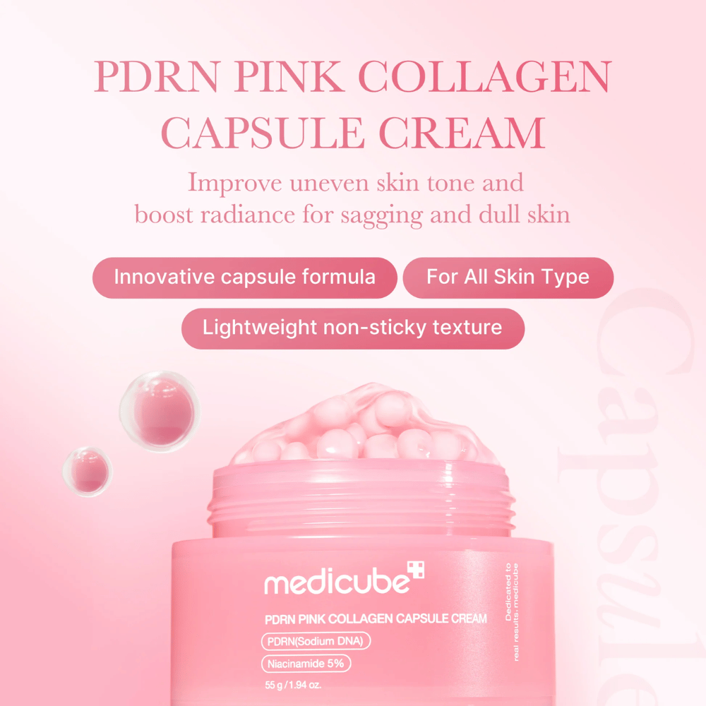 Roze pot met Medicube PDRN Pink Collagen Capsule Cream, omgeven door capsule-achtige bubbels en tekst die de eigenschappen van de crème benadrukt voor een ongelijke teint, glans en alle huidtypes.