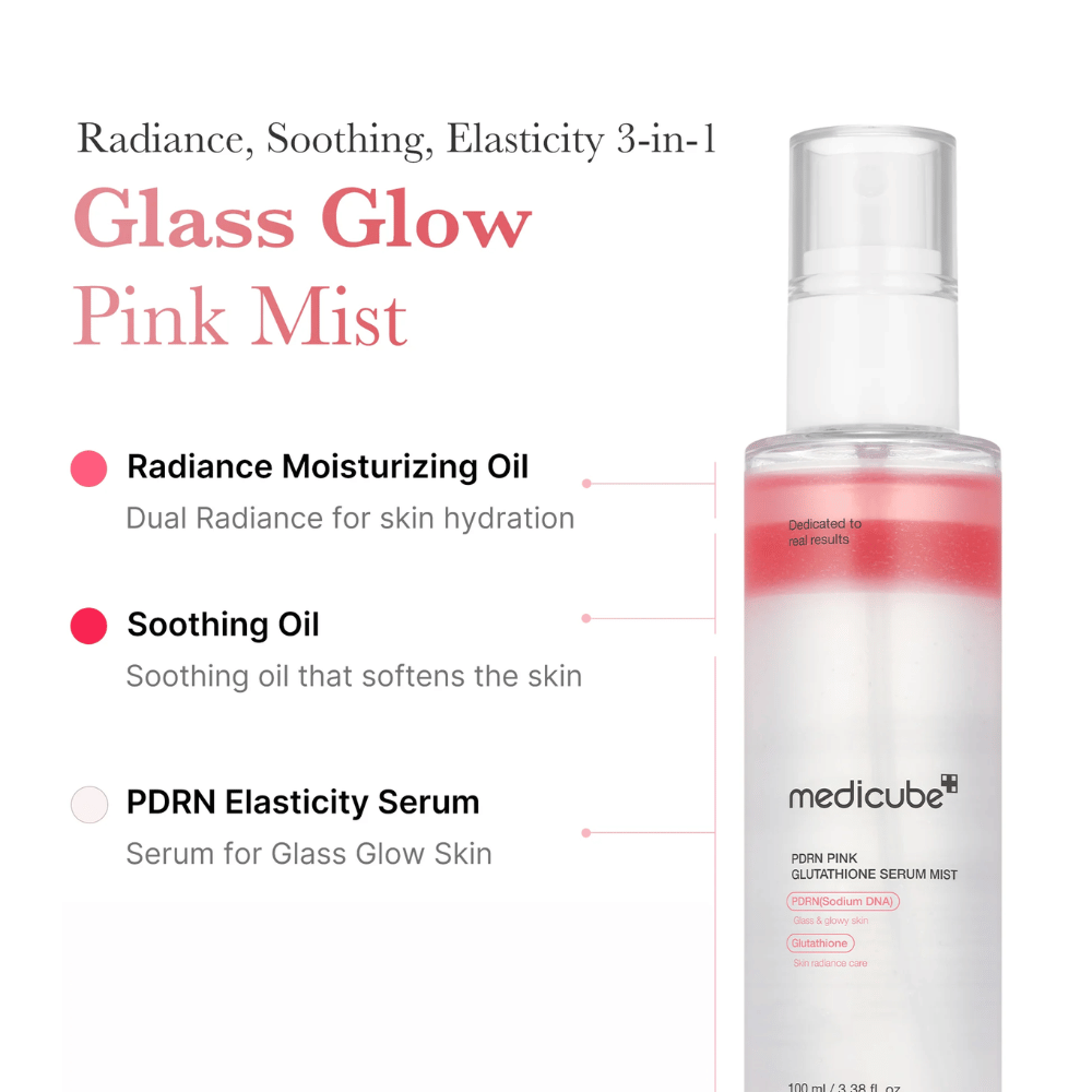Productafbeelding van Medicube PDRN Pink Glutathione Serum Mist met drie lagen: hydraterende olie, kalmerende olie en PDRN-serum voor glans, elasticiteit en een zachte huid.