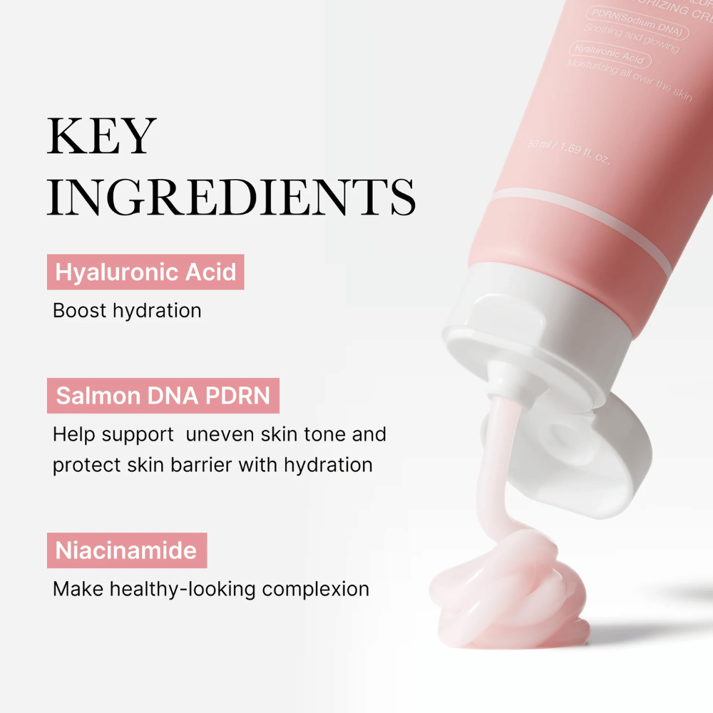 Medicube PDRN Pink Hyaluronic Moisturizing Cream met de belangrijkste ingrediënten hyaluronzuur, zalm-DNA PDRN en niacinamide, getoond met roze crème uit de tube.